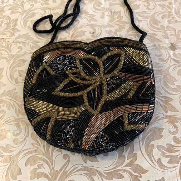 Vintage Beaded Crossbody Handbag Black Gold Peoples Republic of China Gorgeous - Picture 3 of 9